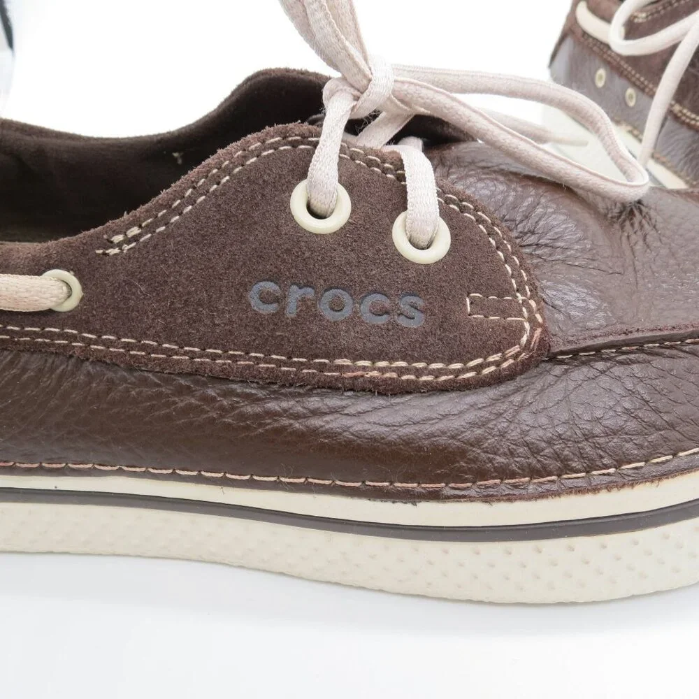 CROCS Men's Dark Brown Pebbled Leather Boat Shoes Size 9